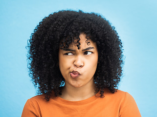 Image showing Thinking, confused and black woman in studio for emoji, contemplating and thought on blue background. Girl, doubt and model unsure, confusion and contemplation, idea and decision while isolated