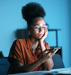 Image showing Business, black woman and phone call on speaker, stress and concerned look in modern office. African American female employee, entrepreneur and agent with smartphone, disconnected and mental health