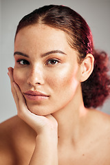 Image showing Skincare, face portrait and beauty of natural person in studio for dermatology, makeup and cosmetics. Facial, wellness and self care for freckle skin glow, healthy lifestyle and real young model