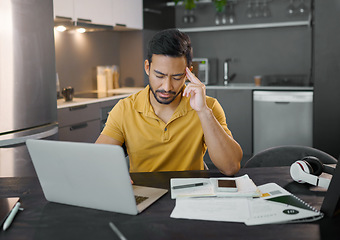 Image showing Businessman, home office and headache by laptop in kitchen, seo data analytics or thinking of company strategy. Digital entrepreneur, copywriting work schedule or frustrated stress for planning goals