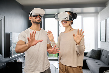 Image showing Couple, futuristic tech and virtual reality, metaverse and gaming with VR goggles, ux and cyber fantasy with online game. Digital, 3d with gamer man and woman at home, wifi and technology innovation