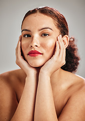 Image showing Beauty woman, red lipstick and face portrait of makeup model in studio for cosmetics and dermatology. Headshot of aesthetic person with lips color for strong and confident facial skincare idea