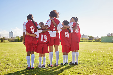 Image showing Diversity, sports girl and soccer field training for youth competition match playing at stadium grass. Young athlete, standing or player enjoy football teamwork or support world cup championship game