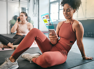 Image showing Fitness, phone or black woman on social media at gym relaxing on a break after workout. Girl, overlay or healthy sports athlete resting, scrolling on app after training with alert or notification