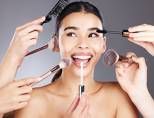 Image showing Woman, hands and face makeup tools for skincare wellness, cosmetics dermatology and luxury salon product. Model, facial happiness and beauty application brush for self care grooming and lifestyle