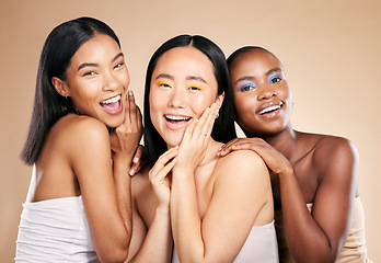 Image showing Happy women, portrait smile and diverse beauty for skincare, cosmetics or makeup against a studio background. Female friends or model face smiling in happiness for fun healthy skin treatment