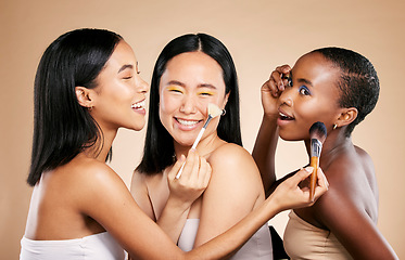 Image showing Beauty, makeup and women smile with brush for facial skincare wellness, cosmetics dermatology and happiness support. Young model, happy diversity and luxury spa products tool for natural skin glow