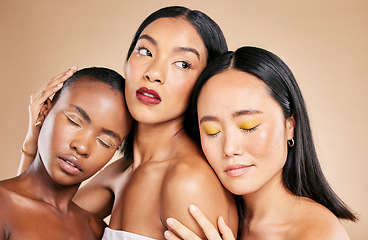 Image showing Women support, makeup and face dermatology for skincare wellness, cosmetics beauty and closed eyes in brown background studio. Young model, diversity and luxury spa treatment for natural glowing skin