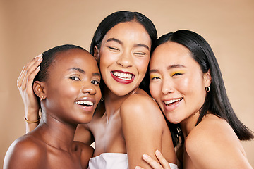 Image showing Happy women, portrait smile and hug in beauty for skincare, cosmetics or makeup against a studio background. People, friends or models smiling in happiness or satisfaction for fun healthy treatment