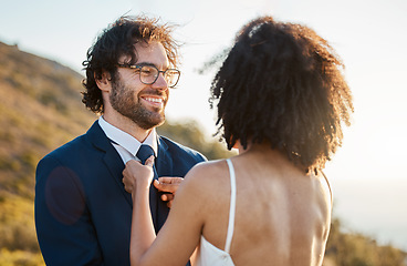 Image showing Love, wedding or a couple of friends in a park after a romantic celebration in an interracial marriage. Sunset, black woman and happy man enjoy a peaceful memory or commitment as bride and groom