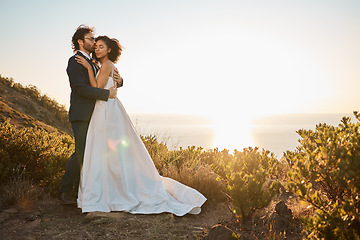 Image showing Mountain, wedding or a couple of friends hug in a romantic celebration in an interracial marriage. Sunset, black woman and happy man enjoy a lovely memory or commitment as bride and groom together