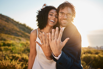 Image showing Ring, wedding or a couple of friends in nature on a romantic celebration in an interracial marriage. Hands, black woman or happy man smile with pride as bride and groom celebrate together at sunset