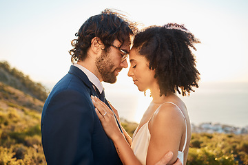 Image showing Wedding, interracial couple love and worship of people outdoor for marriage and save the date. Close, celebration and bride with man for commitment, care together feeling calm in nature