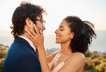 Image showing Married couple, smile and love for embrace, care or marriage in bonding relationship in the nature outdoors. Happy bride and groom smiling in joyful happiness for affection, compassion and romance