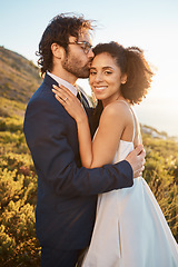 Image showing Love, wedding or couple kiss in countryside or nature in a happy celebration or interracial marriage. Embrace, black woman or romantic man hugging in a commitment as bride and groom with joyful trust