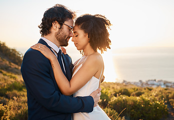 Image showing Love, happy and wedding with couple in nature for celebration, happiness and romance. Sunset, hug and affectionate with man and woman in embrace at countryside for ceremony, marriage and smile