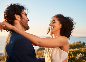 Image showing Love, happy and wedding with couple in nature for celebration, happiness and romance. Sunset, hug and affectionate with man and woman in embrace at countryside for ceremony, marriage and smile