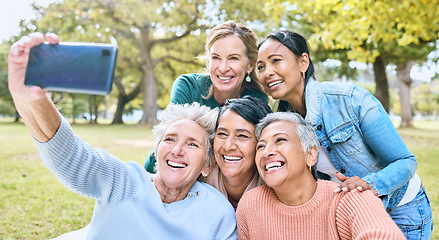 Image showing Senior woman, friends and phone for selfie at the park together with smile and peace sign in the outdoors. Happy group of silly elderly women smiling for photo looking at smartphone in nature