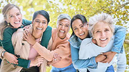 Image showing Friends, nature and portrait of group of women enjoying bonding, quality time and relax in retirement together. Diversity, friendship and faces of happy females with smile, hug and embrace in park