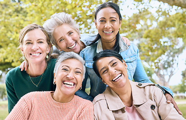 Image showing Smile, park and portrait of group of women enjoying bonding, quality time and relax in nature together. Diversity, friendship and faces of happy senior females with calm, wellness and peace outdoors