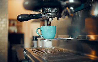 Image showing Coffee, espresso and cup in cafe machine for small business kitchen, barista shop and warm beverage mug. Chai tea, cream mocha latte or cappuccino ready in luxury restaurant store at drink dispenser