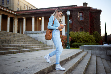 Image showing Woman, student on campus stairs and college, education with learning and academic goals with scholarship outdoor. Walking, study and happy person with success, university life and studying for growth