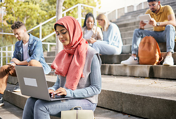 Image showing Students on stairs, Islamic woman and laptop for typing, connection and online reading outdoor. Student, Muslim female and academics on steps, education and knowledge for growth and digital schedule