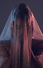 Image showing Fashion, veil and woman in studio for creative, textile and elegance against a dark background. Fabric, girl and model covered in material, vintage and retro style while standing, posing and isolated