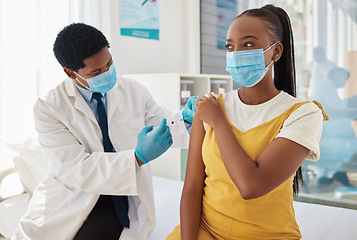 Image showing Injection, doctor and patient with health, Covid and hospital, black people with healthcare and vaccine. Medicine for safety against virus, needle syringe and man with woman in mask for Corona