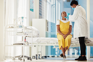 Image showing Covid 19 test, doctor and African patient for hospital healthcare, medical support and corona virus exam. Mockup, safety consultation and black woman with PCR nose swab from clinic worker or nurse