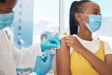 Image showing Vaccine, doctor and patient with health, Corona and hospital, black people with healthcare and injection. Medicine for safety against virus, needle syringe and man with woman in mask for Covid