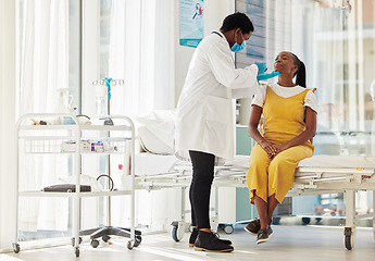 Image showing Covid, healthcare and test with a black woman patient talking to a doctor for consulting during a checkup. Compliance, medical and insurance with a female in a hospital testing for the corona virus