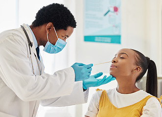 Image showing Doctor, black woman or covid swab test in hospital checkup, clinic wellness or bacteria virus control. Patient, cotton or nose with healthcare worker in disease sample, medical research or compliance