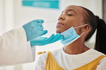 Image showing Covid 19 test, doctor hands and black woman for hospital healthcare, medical support and corona virus exam. PCR, safety consultation girl or face of patient with nose swab from clinic worker or nurse