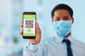 Image showing QR code, scan and phone with online covid vaccine certificate by businessman showing mobile screen. App, hand and digital passport of an employee or tourist as new normal travel closeup