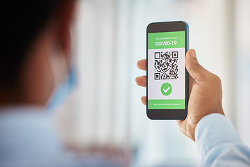 Image showing Covid 19 vaccine, man and phone qr code for security, safety or travel during corona virus pandemic. Digital app software, health certificate and confirmation tick, check mark or verification success