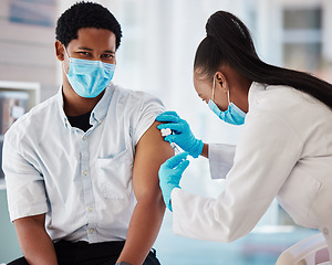 Image showing Covid 19 vaccine, injection and doctor with patient for healthcare consultation, medical service or corona virus medicine. Portrait, syringe and black man at hospital pharmacy clinic for vaccination