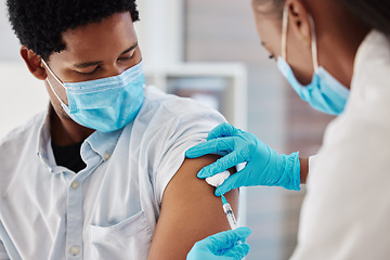 Image showing Covid 19 vaccine, injection and nurse with black man for healthcare consultation, medical service or corona virus medicine. Doctor, syringe and black man at hospital pharmacy clinic for vaccination