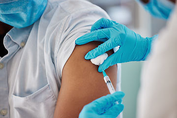 Image showing Covid 19 vaccine, injection or nurse with patient for healthcare consultation, medical service or corona virus medicine. Doctor hands, syringe or black man at hospital pharmacy clinic for vaccination