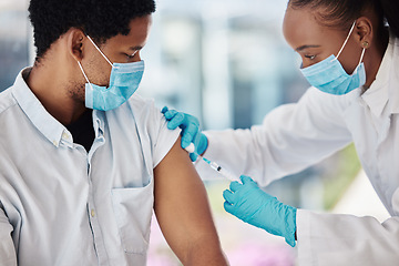 Image showing Covid 19 vaccine, injection or doctor with black man for healthcare consultation, medical service or corona virus medicine. Nurse girl, syringe and patient at hospital pharmacy clinic for vaccination