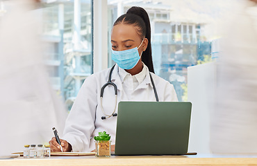 Image showing Covid 19, laptop and doctor with notebook writing summary of corona virus research, medicine report or healthcare information. Fast busy hospital, medical study or clinic nurse or black woman working