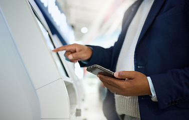 Image showing Phone, airport or hands typing on self service screen for digital identity or flight data to travel on airplane. Smart check ux or African businessman pressing code for on future technology at kiosk