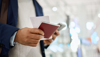 Image showing Hands, phone and passport for travel, schedule or ticket checking flight times on mobile app at the airport. Hand of business employee holding smartphone or ID document for traveling, trip or journey