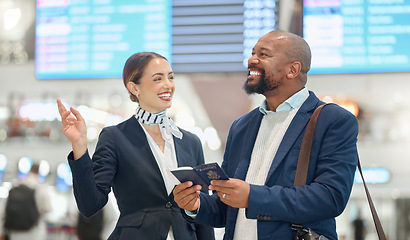 Image showing Airport, African businessman and passport with woman concierge, direction and compliance check with joke. Happy corporate black man, air hostess and travel documents with comic laugh at inspection