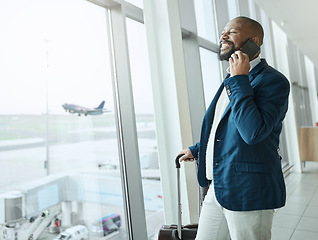 Image showing Businessman, phone call and waiting at airport for travel, work trip or plain journey with luggage to country. Happy black man employee or person smile for communication before flight on smartphone