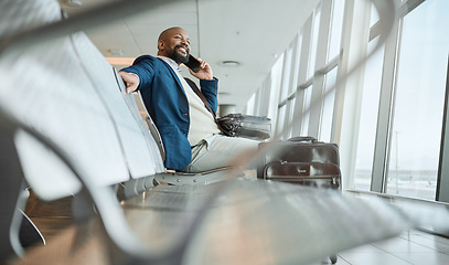 Image showing African businessman, airport and phone call with excited smile, focus and networking on business trip. Corporate black man, smartphone conversation and global travel, immigration and air transport