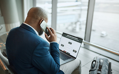 Image showing Travel, phone call and businessman at an airport working on a laptop and waiting at terminal or boarding lounge. Entrepreneur, corporate or employee using computer at airline using his cellphone