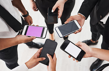 Image showing Phone, hands and business people group networking, sharing and data exchange while standing in a circle. Smartphone, people and internet, search and web browsing for creative, planning and online app