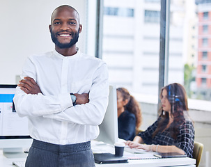 Image showing Business man, portrait or office worker smiling, happy and confident as agency or company leader. African American, startup ceo and corporate male entrepreneur at work excited by mission
