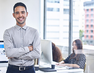 Image showing Businessman, happy portrait and leader success for goals management and company happiness vision crossed arms in office. Corporate male, manager smile and positive mindset energy or trust motivation